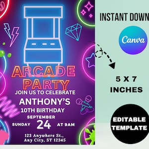 Arcade Birthday Invitation Template, Arcade Invitation, Neon Glow Invite, Arcade Party, Boys Gamer Party, Video Game Party, Editable Canva