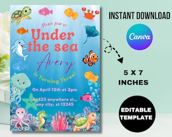 Under The Sea Birthday Invitation Template, Ocean Animals Party Invite (Instant Download)