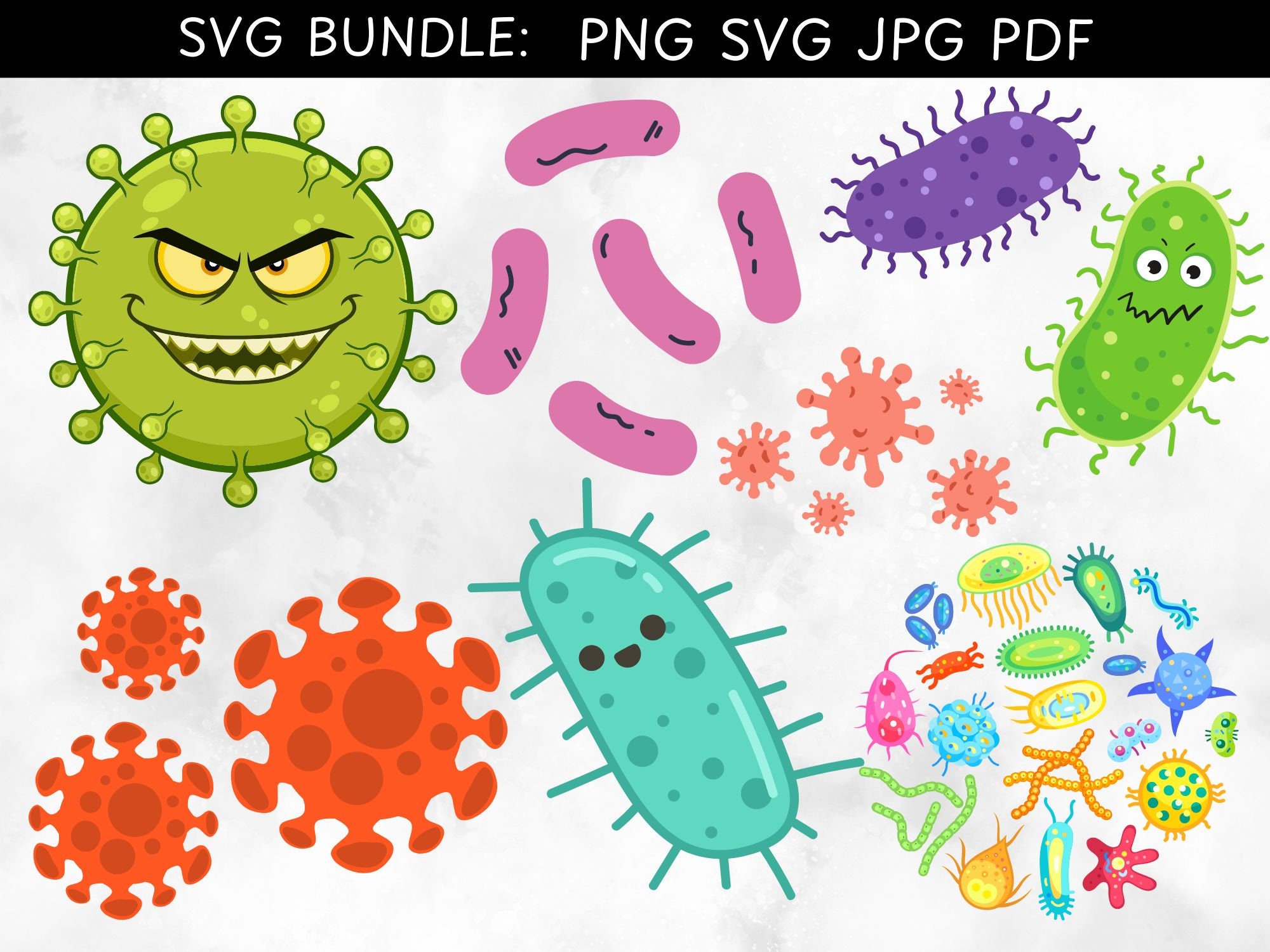 Bacteria Character SVG Illustration Bundle, Funny Virus  Set, Virus And Bacteria Characters Digital Files Collection