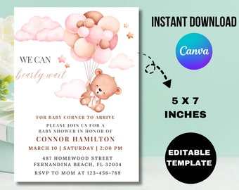 Teddy Bear Baby Shower Invitation Template, Gender Neutral (Digital Download)