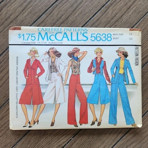 May include: A vintage McCall's 5638 sewing pattern envelope for miss size 14 with a 36-inch bust. The cover features illustrations of five outfits including an unlined jacket, vest, culottes, and pants in various colors like red, white, and blue.