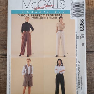 May include: A McCall's sewing pattern envelope for 3 Hour Perfect Trousers, size 10. The front displays four images of garments: brown wide-leg trousers, cream trousers, patterned shorts with a vest, and black trousers. Includes text and barcode.