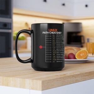 May include: Black ceramic mug with the text "LINUX PATH CHEATSHEET" in white and orange. The mug features a list of Linux commands and their descriptions. The mug is on a wooden surface.