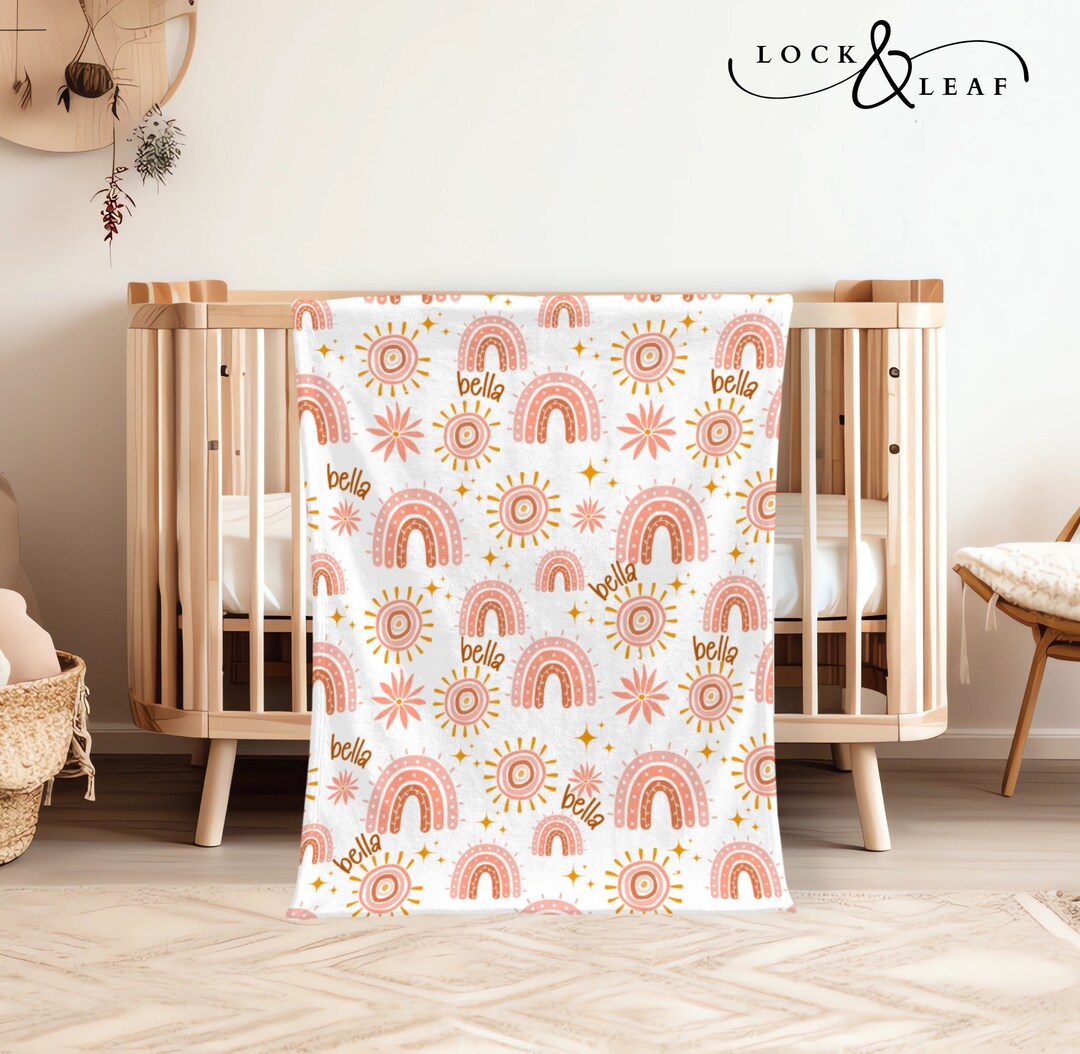 Personalized Boho Rainbow Baby Blanket With Name - Custom Flannel Blanket For Newborn Gift, Baby Shower