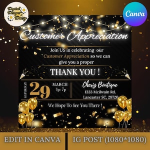 May include: Black and gold customer appreciation event invitation with gold confetti and balloons. The event is on Saturday, 29th March from 1-7pm at Cheriz Boutique, 1333 Mcilwain Rd., Lancaster SC, 29720. The text "We Hope To See You There!" is also included.