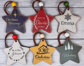 Gepersonaliseerde sterornamenten, stervormige gepersonaliseerde cadeaulabels, stervormige kerstsoklabels, gepersonaliseerde ornamenten in bulk, bedrijfsornamenten.