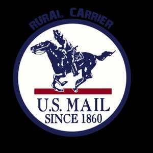 May include: A blue and white circular logo with the text "Rural Carrier" and "U.S. Mail Since 1860". A stylized image of a rider on horseback is in the center of the logo.
