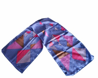 Vintage Silk Scarf, designer Vera Neumann, Blue, purple, pink and gray triangle pattern polyester Veresa Neumann Design, Made in Japan