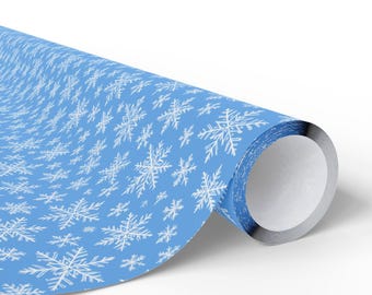 White Snowflakes Wrapping Paper | Blue Winter Gift Wrap Roll, Holiday Gift Wrap