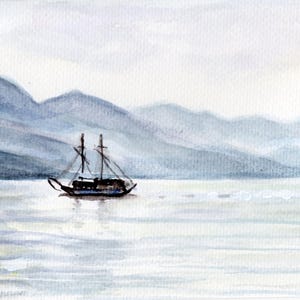 Carte de voeux aquarelle oeuvre d'art originale peinte à la main sur voilier