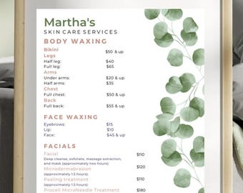 Price List of Services/ BEAUTY SALON MENU/Pricing Poster/Waxing, Facial, spa services poster Template