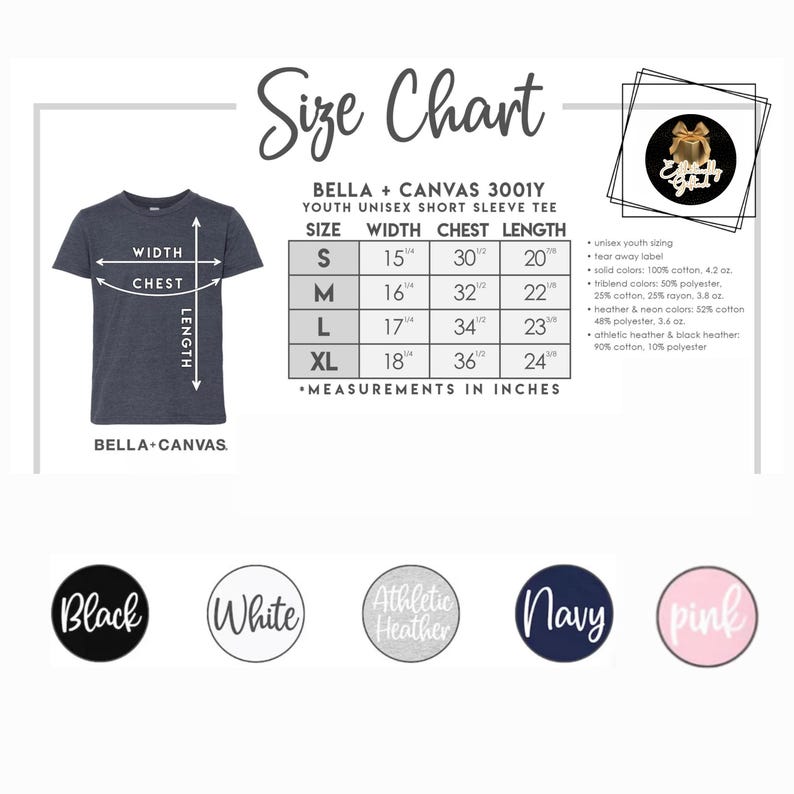 Peut inclure: Tableau des tailles pour un t-shirt &agrave; manches courtes unisexe pour jeunes. Le tableau indique les mesures en pouces pour les tailles S, M, L et XL. Le t-shirt est gris fonc&eacute;. Les options de couleurs incluent noir, blanc, athletic heather, marine et rose.