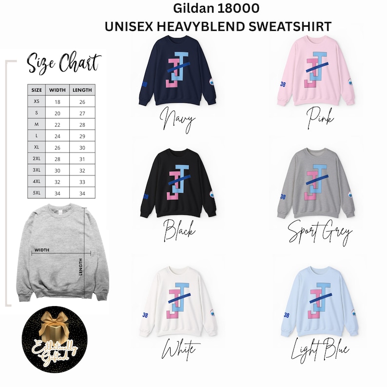 Peut inclure: Plusieurs sweat-shirts Gildan 18000 Unisex Heavyblend de diff&eacute;rentes couleurs, dont marine, rose, noir, gris sport, blanc et bleu clair. Chaque sweat-shirt pr&eacute;sente un motif g&eacute;om&eacute;trique unique et le chiffre "38". Une charte des tailles est &eacute;galement incluse.