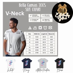 Peut inclure: T-shirt blanc &agrave; col en V avec un motif g&eacute;om&eacute;trique rose et bleu. L'image comprend un tableau des tailles pour les chemises Bella Canvas 3005, avec des mesures en centim&egrave;tres. Autres couleurs : marine, gris chin&eacute; et noir.
