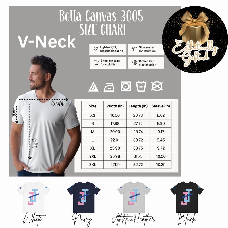 Peut inclure: T-shirt blanc &agrave; col en V avec un motif g&eacute;om&eacute;trique rose et bleu. L'image comprend un tableau des tailles pour les chemises Bella Canvas 3005, avec des mesures en centim&egrave;tres. Autres couleurs : marine, gris chin&eacute; et noir.