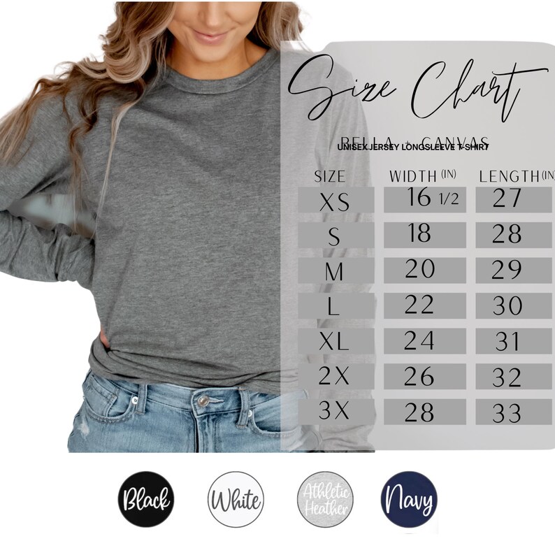 Peut inclure: Une femme porte un t-shirt &agrave; manches longues gris. L'image comprend un tableau des tailles pour un t-shirt unisexe &agrave; manches longues, avec des mesures en pouces. Les options de couleur sont Noir, Blanc, Athletic Heather et Marine.