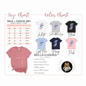 Peut inclure: Image d'un t-shirt unisexe Bella + Canvas 3001. L'image comprend un tableau des tailles avec des mesures en cm et un nuancier avec des t-shirts blancs, gris athl&eacute;tique uni, noirs, bleu clair, marine et roses. Le texte indique que le t-shirt est l&eacute;ger, 4,2 oz.