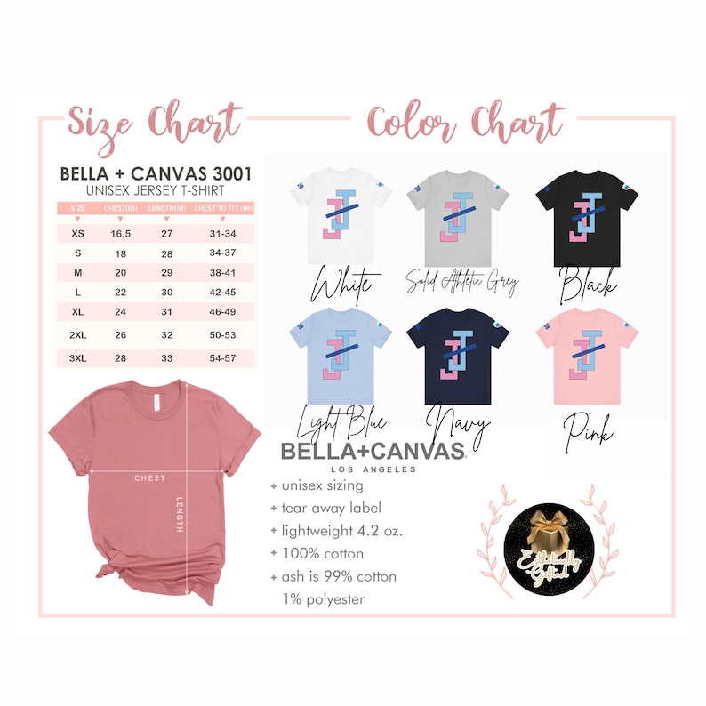 Peut inclure: Image d'un t-shirt unisexe Bella + Canvas 3001. L'image comprend un tableau des tailles avec des mesures en cm et un nuancier avec des t-shirts blancs, gris athl&eacute;tique uni, noirs, bleu clair, marine et roses. Le texte indique que le t-shirt est l&eacute;ger, 4,2 oz.