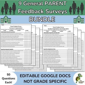 Könnte beinhalten: Ein Bündel von neun Eltern-Feedback-Umfragen. Die Umfragen sind in einem Stapel, mit dem Text "9 General PARENT Feedback Surveys BUNDLE" oben. Die Umfragen tragen die Titel "Parent Feedback Survey Homework Expectations" und "Parent Feedback Survey Student Organization and Study Habits". Das Bild enthält auch den Text "EDITABLE GOOGLE DOCS NOT GRADE SPECIFIC".