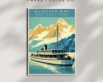 Plakat podróżniczy w stylu vintage z Parku Narodowego Glacier Bay: wydruk artystyczny z Alaski (pobranie cyfrowe 24 x 36 w formacie JPEG)