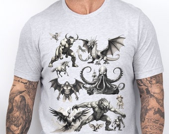 Criaturas míticas Camiseta minimalista, Camisa estilo vintage, idea de camisa de regalo, Camiseta folklore, Horror críptido, Camisa de mitología para él ella