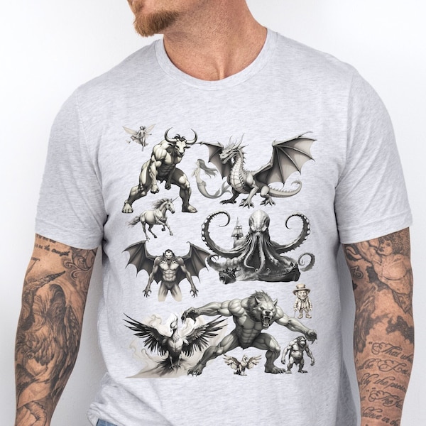 Mythical creatures Minimalist tee shirt, Vintage style shirt, gift shirt idea, Folklore t-shirt, cryptid Horror, Mythology shirt for him her