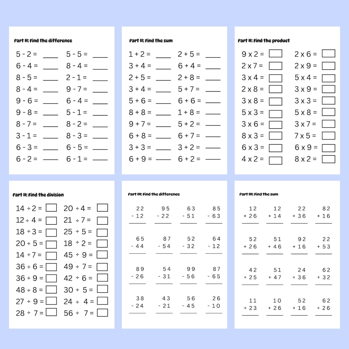MATH WORKSHEETS: Addition, Subtraction, Multiplication, Division, Grade ...