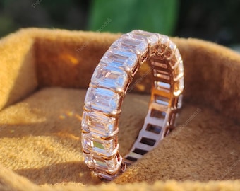 Full Eternity Wedding Band, 5*3 Emerald Cut Colorless Moissanite Matching Band For Bridal Set, Designer Band For Women, Love Proposal Ring