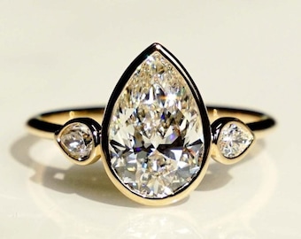 Bezel Set Pear Cut Moissanite Ring, 14K Gold Tear Drop Wedding Ring, Anniversary Gift, Bridal Set Ring, Handmade Ring, Gifts for Women