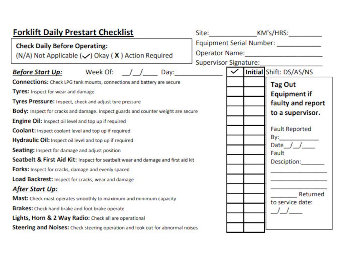 Printable & Editable Forklift Operator Daily Checklist - Etsy