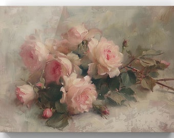 Antique Pink Roses Still Life Art Print: French Farmhouse Decor (Digital Print)