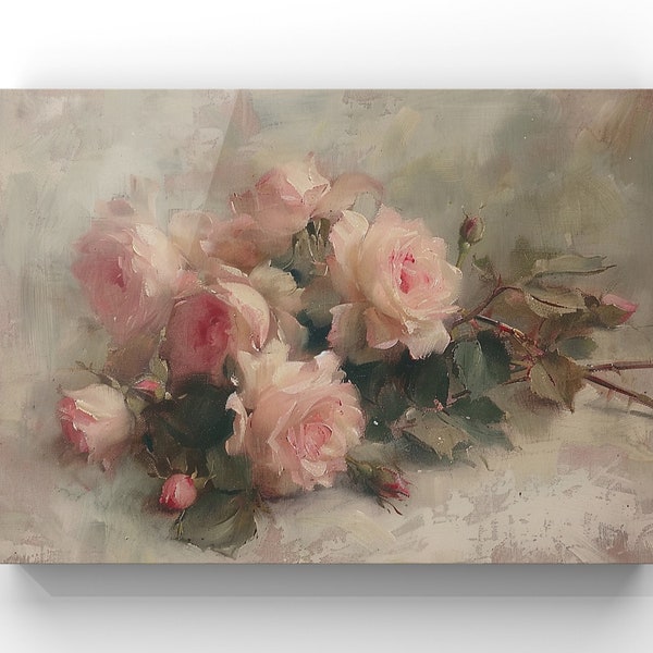 Antique Pink Roses Still Life ，Muted Pink Roses Wall Art Print,  Soft Pink Flowers, French Country Farmhouse Decor, Digital Print