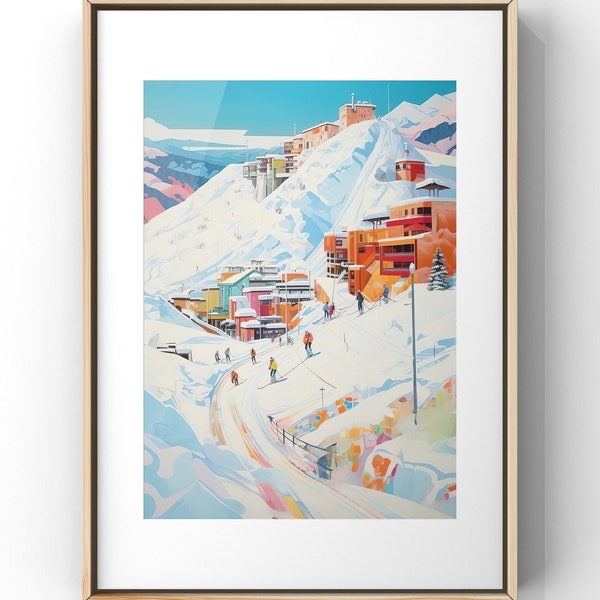 Original painting, Skiing, mountain resorts, colorful geometric art, Winter Landscape Painting, DIGITAL Prints, Gallery Wall Print