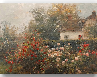 Rose Garden Wall Art, Vintage Country Flower Garden Print,  Cottage Oil Painting, Summer Vintage Muted Print, Antique Rose Garden