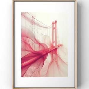 May include: A framed print of a red and white abstract illustration of the Golden Gate Bridge. The bridge is rendered in a series of lines that create a sense of movement and energy.