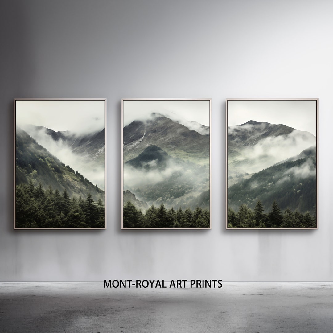 Forest Landscape Art Print Set: Misty Green Mountain Decor (digital ...
