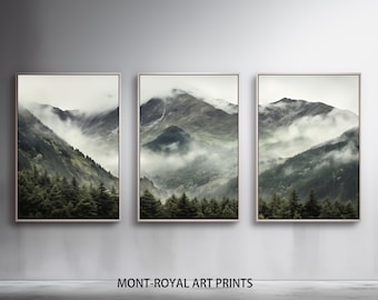 3 Piece Forest Wall Art Print, Set of 3 Forest Landscape Art, Green Forest Printable, Nature Printable, Modern Art, Minimalist, Misty, Decor