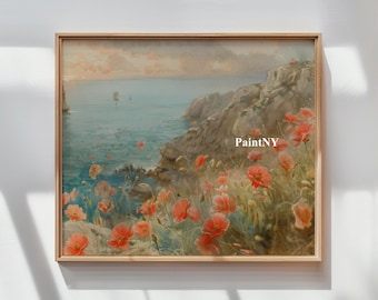 Printable Art Landscape Painting, Floral Cliff Digital Wall Art, Samsung TV, Vintage Decor, Cottagecore Artwork, Fall Print, Downloadable