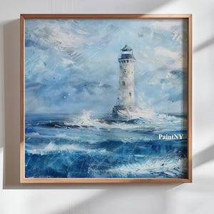 Pintura de paisaje de faro vintage imprimible, arte mural oceánico, decoración de pared de olas rústicas, impresión artística de otoño, tonos cálidos/fríos descargable