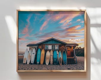 Surfboard Beach House Landscape Print, Coastal Wall Art (Digital Download)