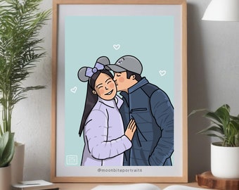 Retrato de pareja personalizado, regalo de San Valentín, regalo de pareja, regalo de aniversario, regalo de boda, ilustración de dibujos animados, dibujo de pareja minimalista