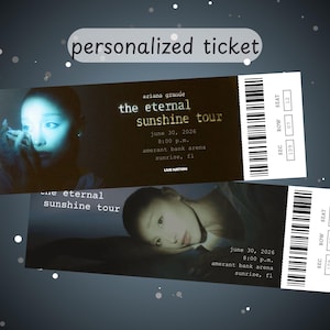 Puede incluir: Dos entradas personalizadas para el concierto "The Eternal Sunshine Tour" de Ariana Grande. Las entradas presentan una foto de Ariana Grande e incluyen la fecha, hora y lugar: 30 de junio de 2026, 20:00, Amerant Bank Arena, Sunrise, FL.