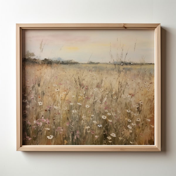 Pink and White Wildflower field, Impressionist Muted Wildflowers, Wildflower Oil-Painting Digital Image, White and Pink Vintage Wildflowers