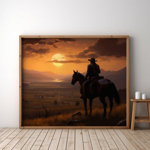 Printable Western Christian Lone Cowboy Landscape Oil Painting, Vintage Art Print, Country Wall Art Digital Download