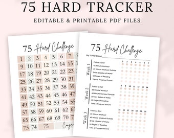 Editable 75 Hard Challenge Tracker Printable, 75 Hard Tracker, 75 Day Challenge Printable, 75 Day Challenge, Canva Template, Fitness Tracker