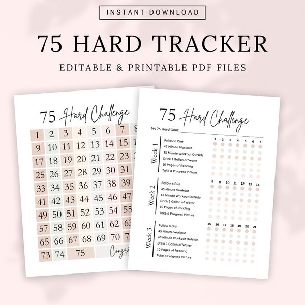 Editable 75 Hard Challenge Tracker Printable, 75 Hard Tracker, 75 Day Challenge Printable, 75 Day Challenge, Canva Template, Fitness Tracker