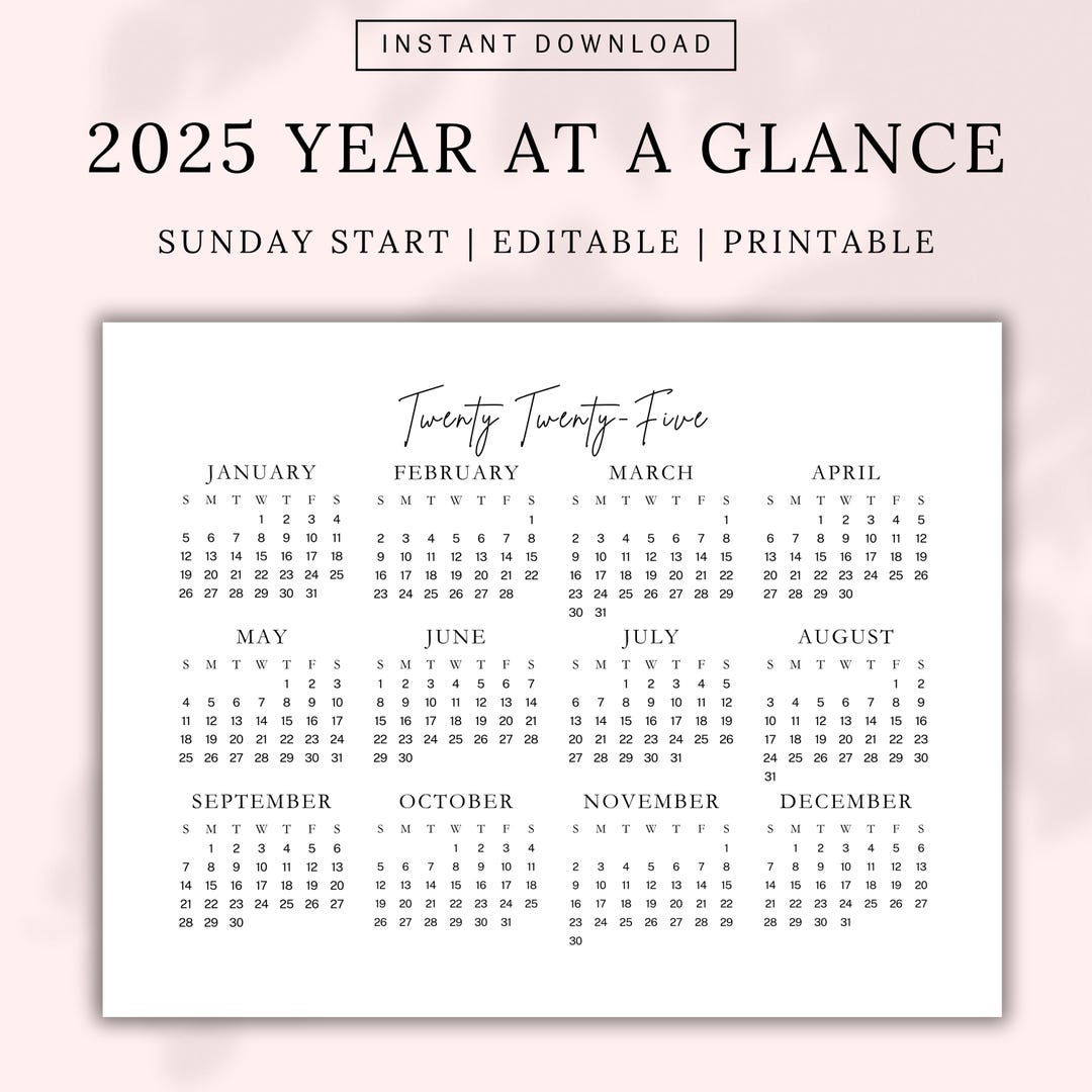 2025 Year at a Glance Printable, Printable Calendar, Yearly Planner ...
