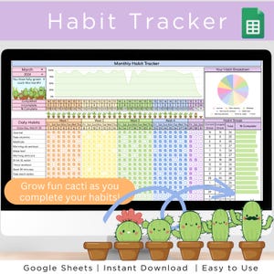 Groeiende cactus gewoontetracker Google-spreadsheet, maandelijkse gewoontetracker-spreadsheet, Google Spreadsheets-sjabloon, planner dagelijkse gewoonte, wekelijkse gewoonten