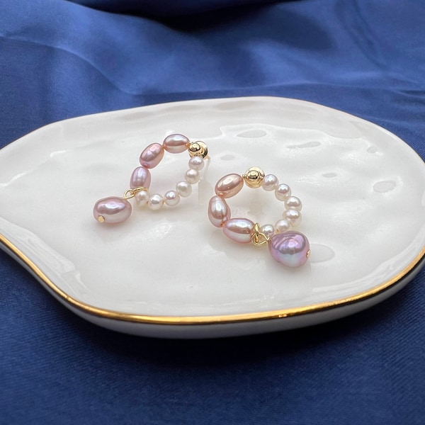 Natural Baroque Pearl Earrings  - White and purple