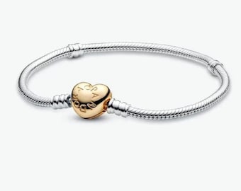 PANDORA Heart Clasp Snake Chain Armband - Tweekleurige bedelarmband Compatibele Moments Charms - Kenmerken Shine & Sterling Silver Cadeau voor haar